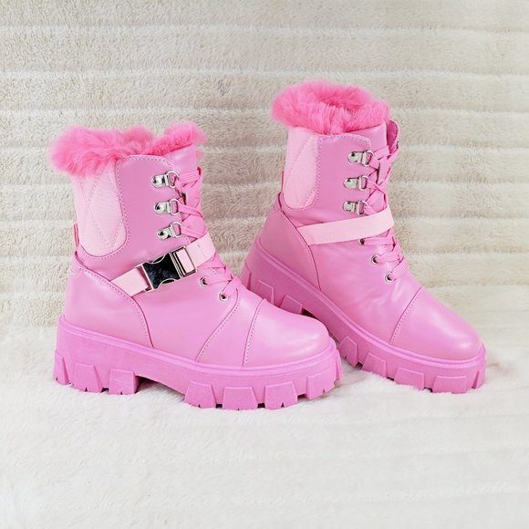 Cape Robbin Shoes - Diggs Baby Pink Furry Cuff Lace Up Combat Ankle Boots
